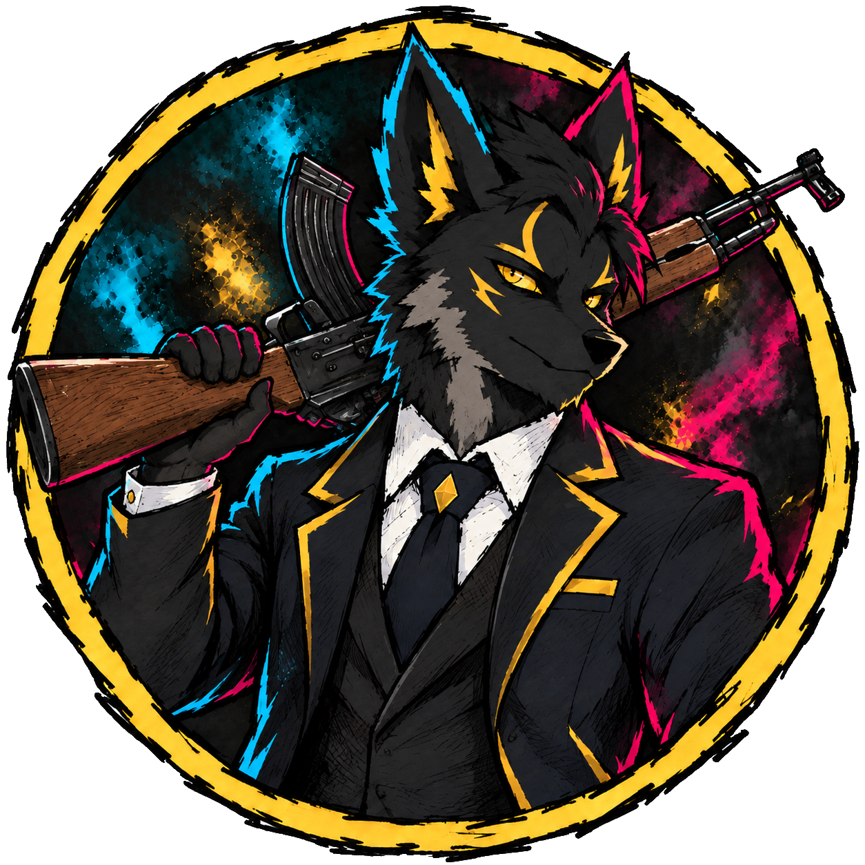 MAXPREM wolf character wearing a suit and carrying a rifle