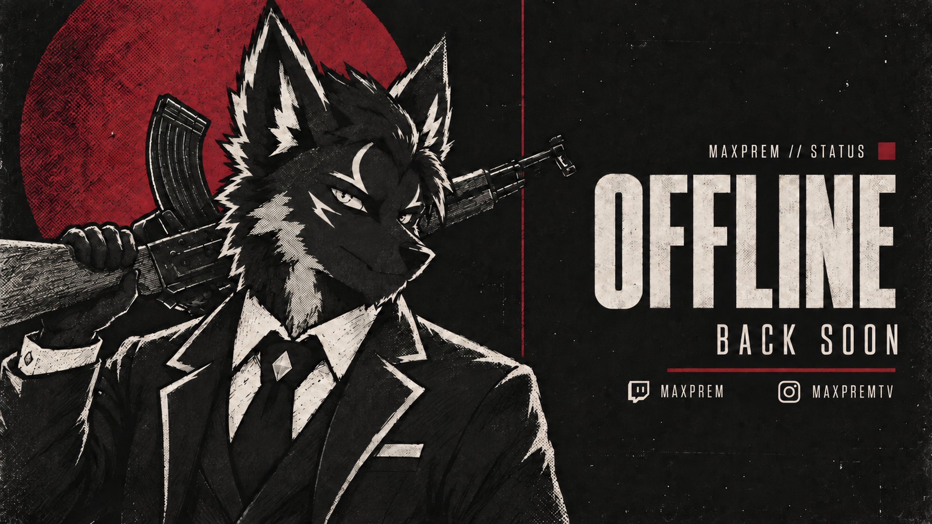 MAXPREM wolf character in a black suit carrying a rifle against a red sun